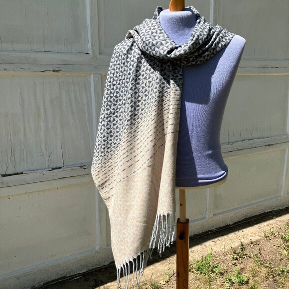 Cleo Shawl Wrap Long Scarf with Fringe Ends Beige Grey Woven Polyester 20x72" - Picture 1 of 6
